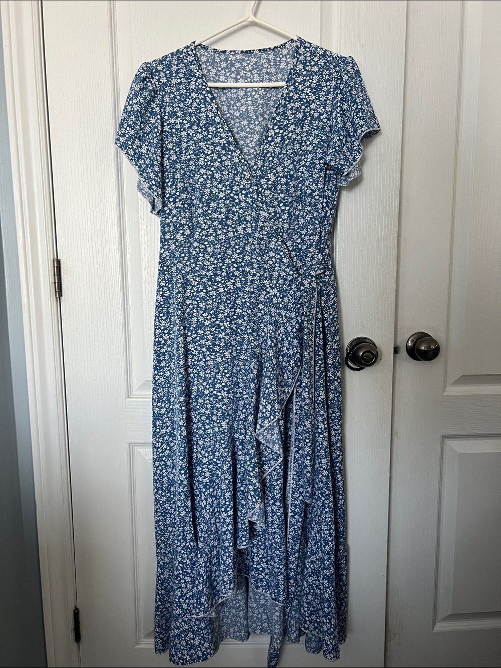 Blue Floral Wrap Midi Dress with High-Low Hem